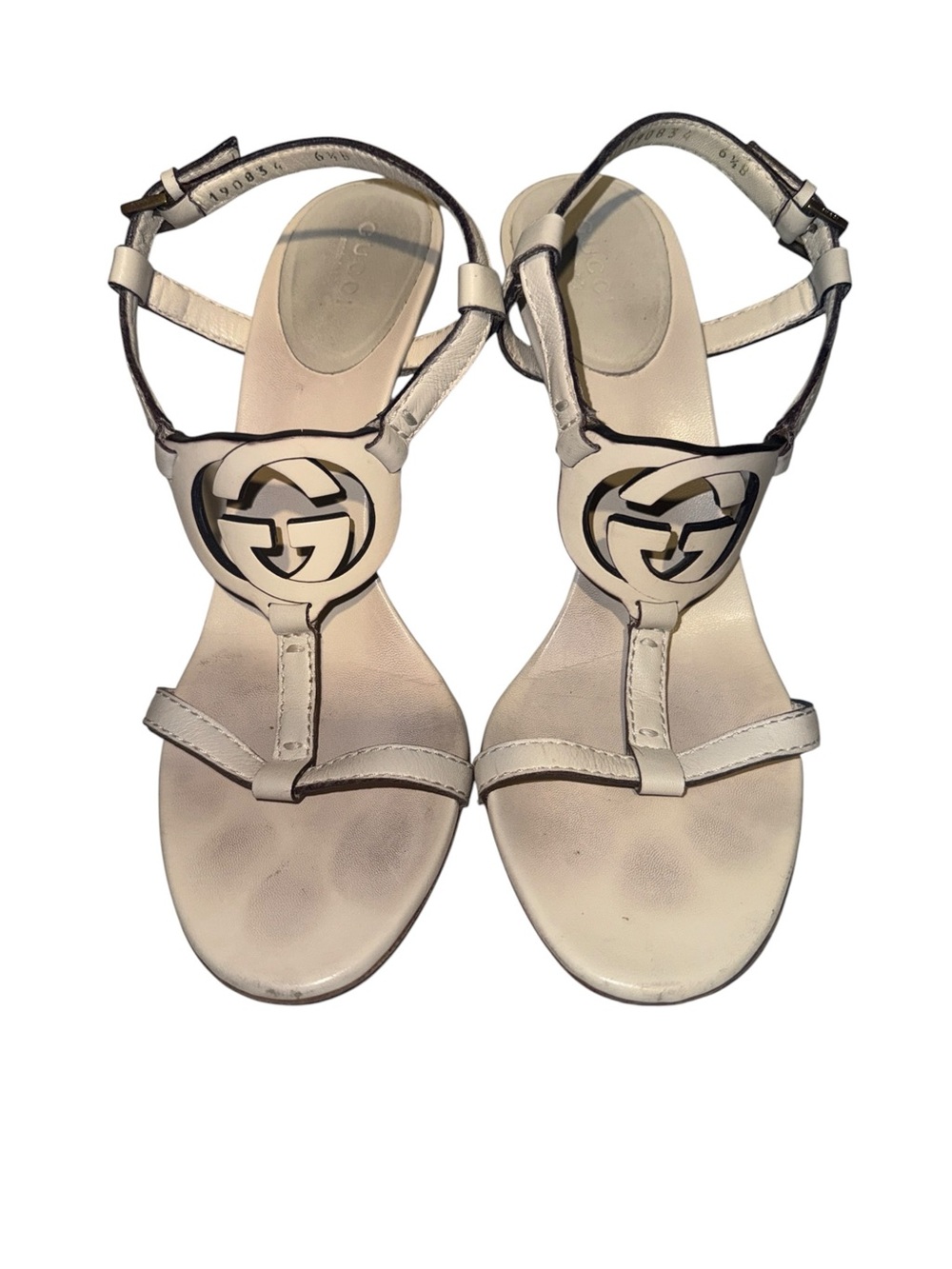 Gucci Heels Women's Size 6.5 White Stiletto T Strap Ankle Strap GG Interlocking - Picture 2 of 9